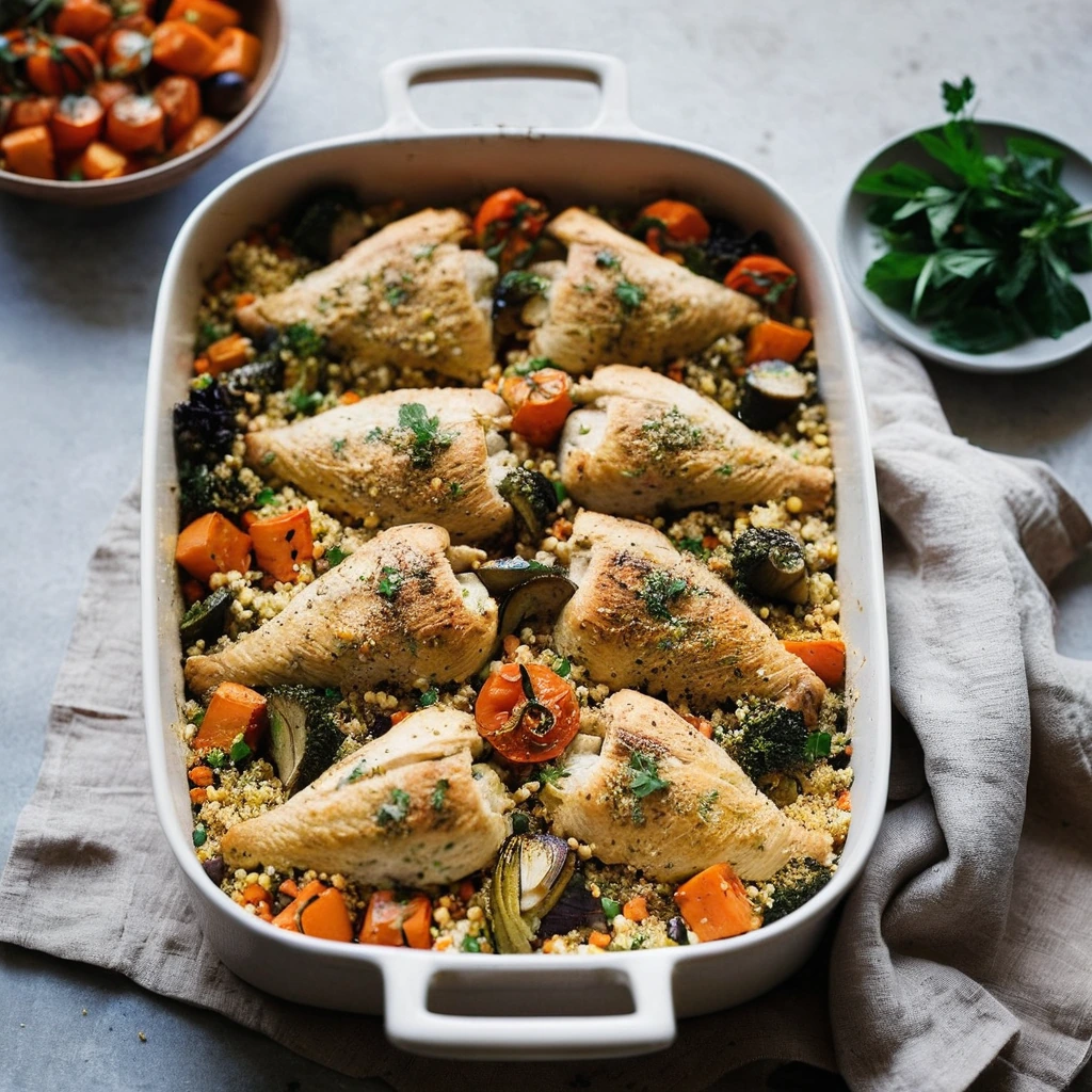 A golden, bubbly casserole with roasted vegetables, chicken, and couscous sprinkled with cheese and fresh herbs.