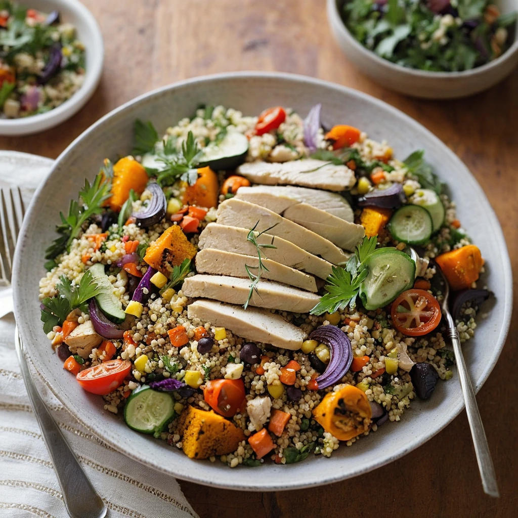Colorful salad with roasted vegetables and chicken served over golden couscous, garnished with fresh parsley.