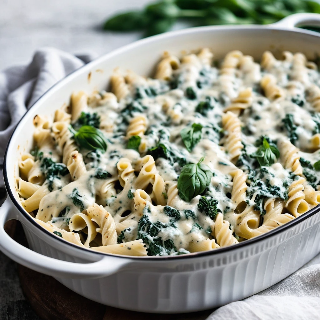 Golden bubbly pasta bake in a casserole dish topped with melted cheese and fresh parsley.
