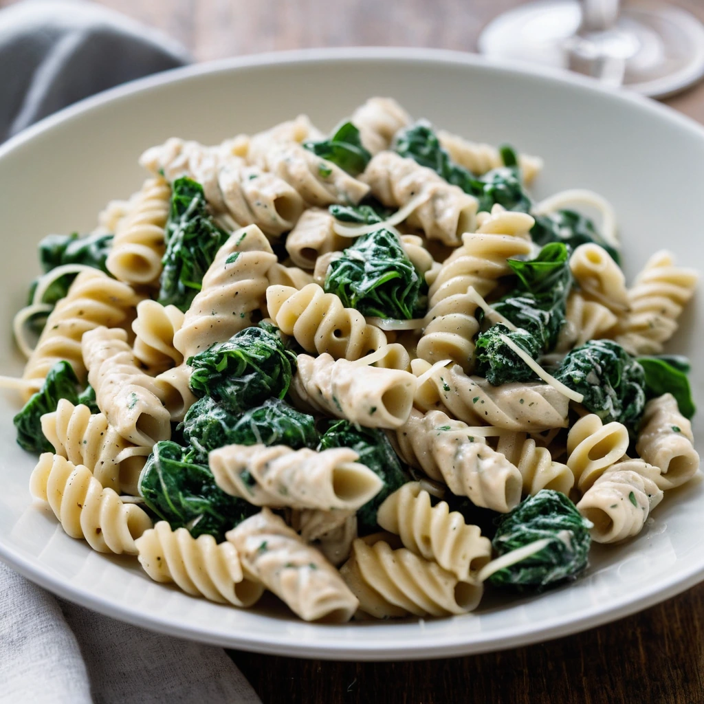 Creamy white pasta with green spinach and chunks of chicken in a large bowl.