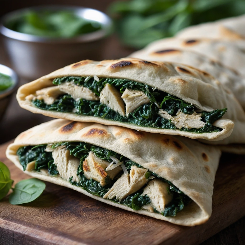 Golden naan pockets split open revealing a vibrant green spinach and chicken filling served on a rustic wooden board.