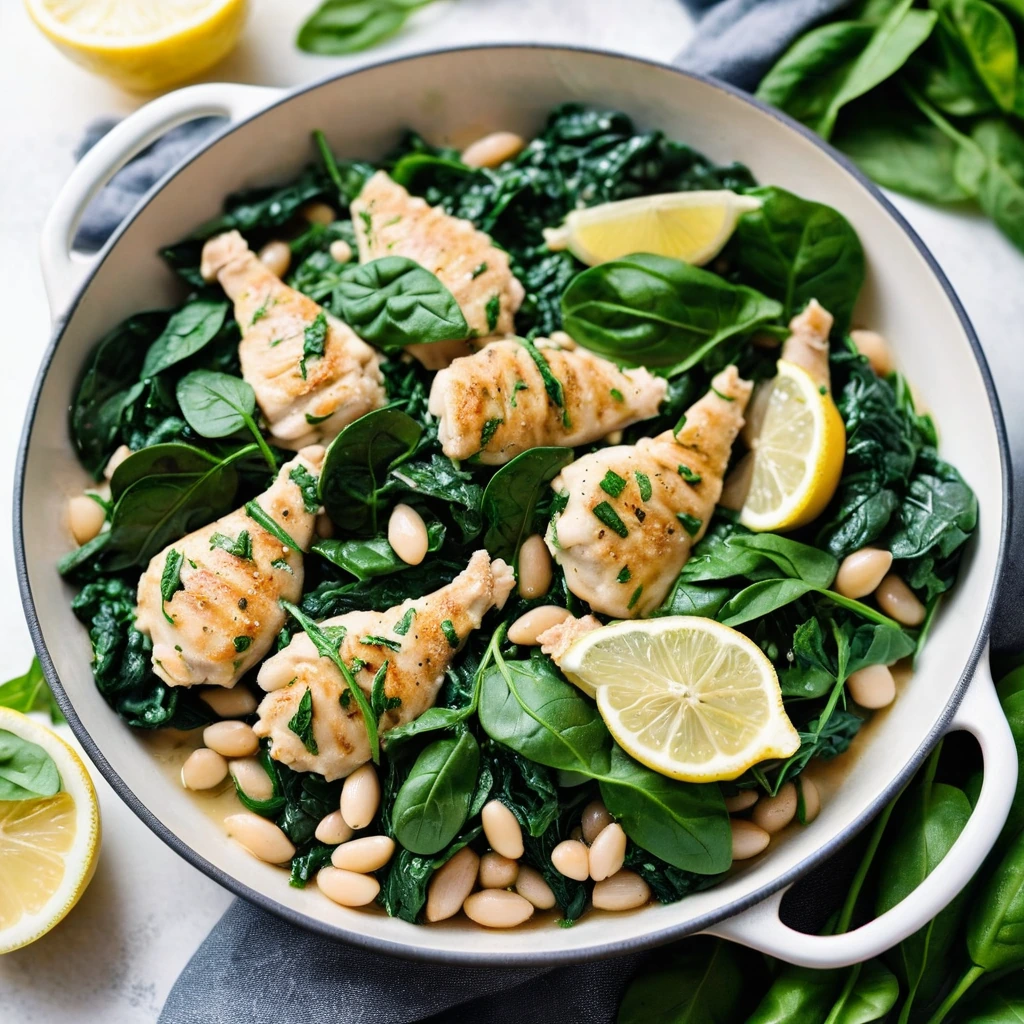 Golden chicken pieces nestled among vibrant green spinach and white beans in a skillet, drizzled with lemon juice.