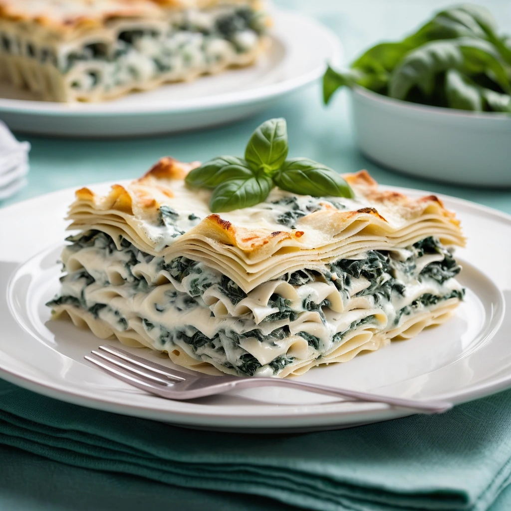 Layers of lasagna noodles, creamy white sauce, chicken, and spinach, topped with melted mozzarella and parmesan.
