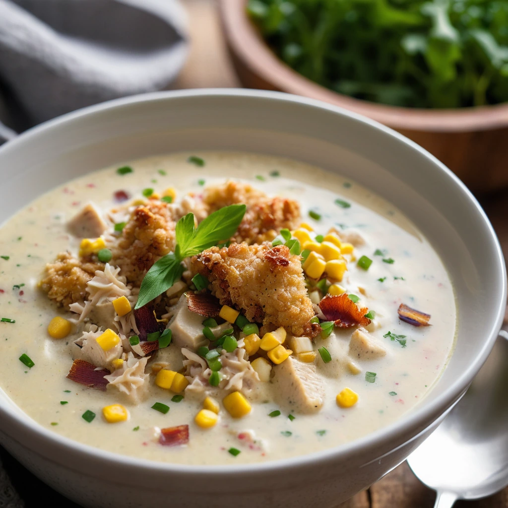 Golden chowder in a rustic bowl topped with green chives and crispy bacon bits