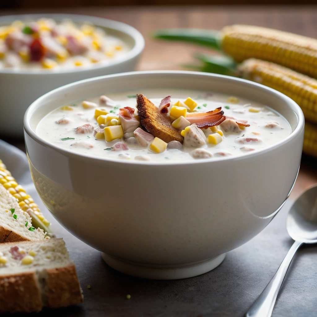 Steaming bowl of creamy chowder with chunks of chicken, corn, and bacon served in a rustic wooden bowl.