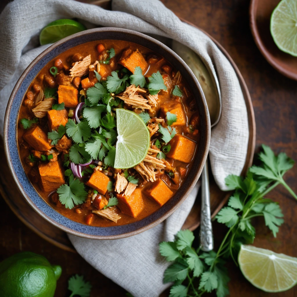 Rich orange chili in a rustic bowl, garnished with fresh cilantro and lime wedges