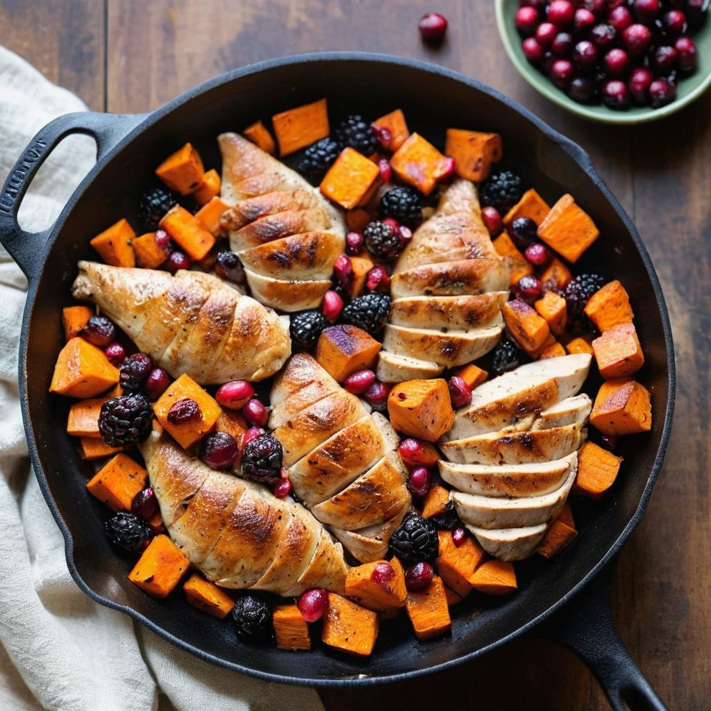 Golden chicken breasts with roasted sweet potato cubes and vibrant cranberries in a skillet