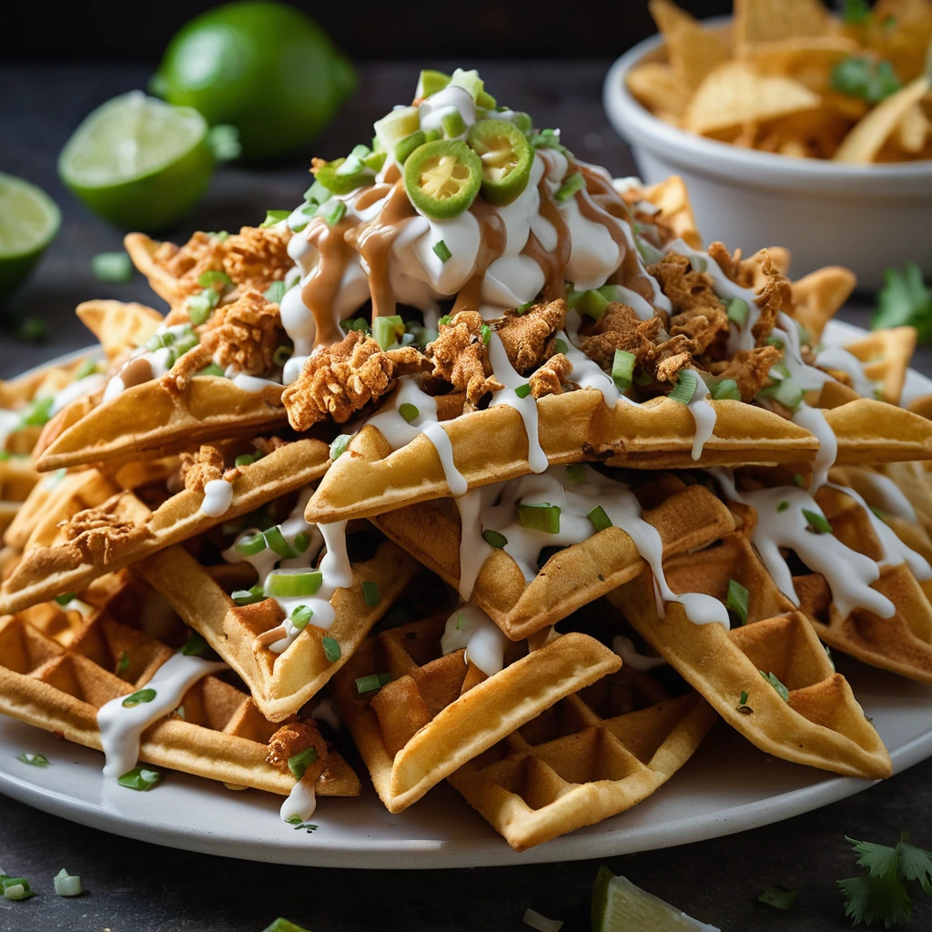 Nachos piled high with waffle fries, shredded chicken, melted cheese, and green onions.