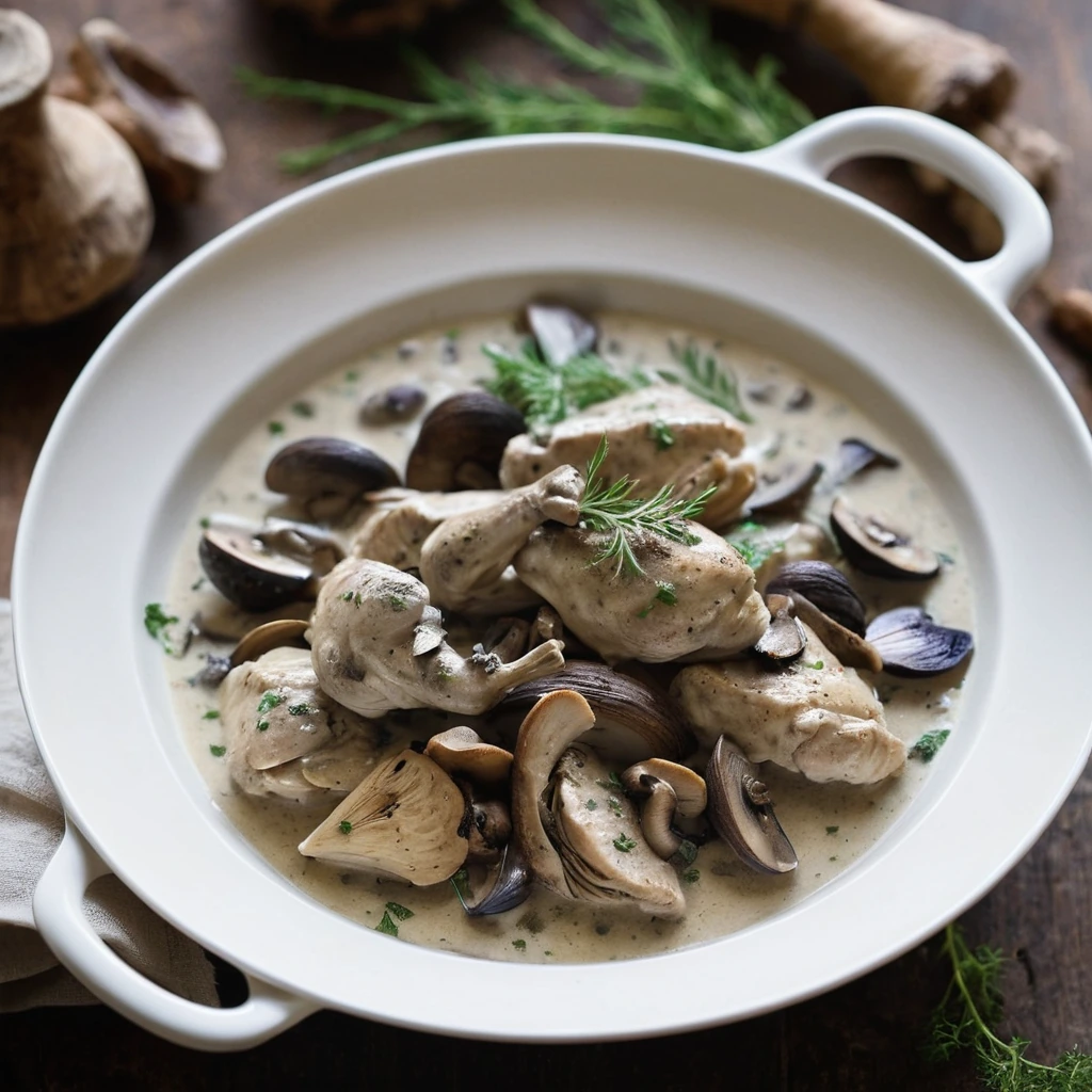 Golden chicken pieces nestled among wild mushrooms in a creamy white sauce, served in a rustic bowl.