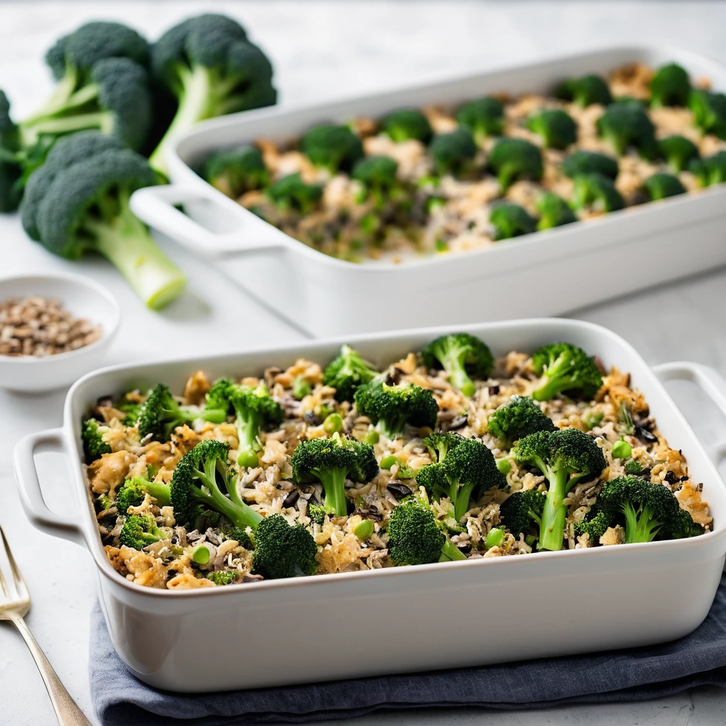 Golden casserole dish with bubbling, golden-brown topping, green broccoli peeking through, served with a sprinkle of fresh parsley.