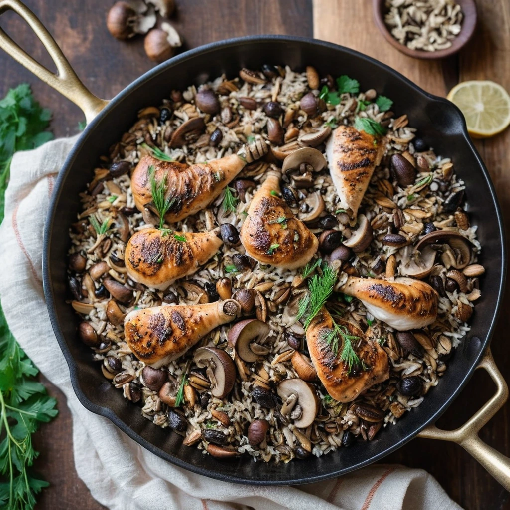 A golden skillet with a colorful mix of brown chicken pieces, wild rice, and sliced mushrooms, garnished with fresh parsley.