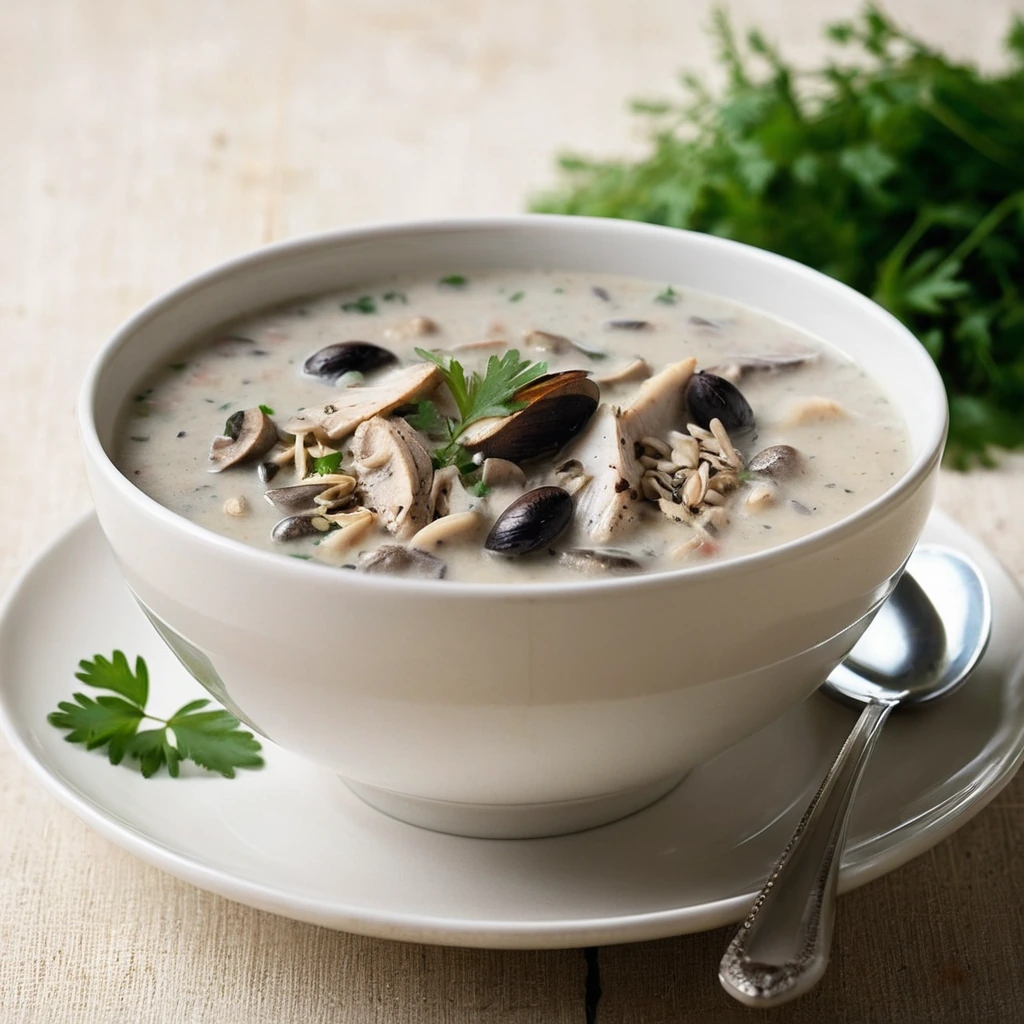 Creamy soup with chunks of chicken, wild rice, and sliced mushrooms in a deep bowl, garnished with fresh parsley.