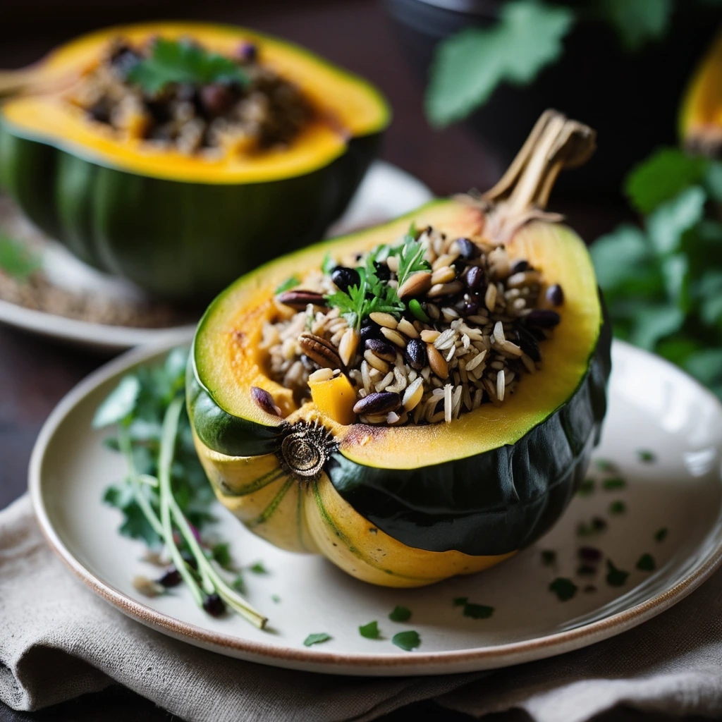 Halved acorn squash filled with a mix of wild rice and chicken, garnished with fresh herbs and a drizzle of golden broth.