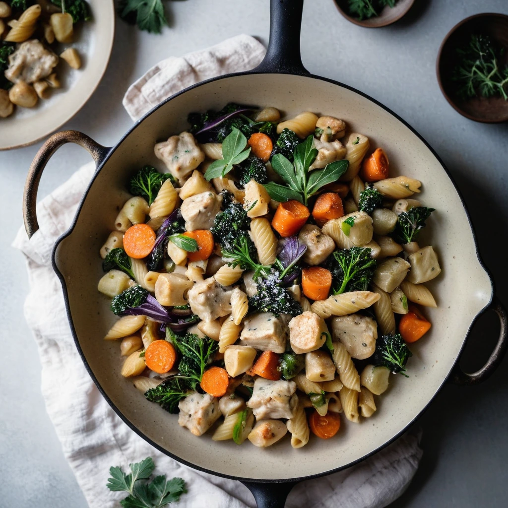 Skillet with pillowy gnocchi, diced chicken, and colorful roasted winter vegetables in a creamy sauce.