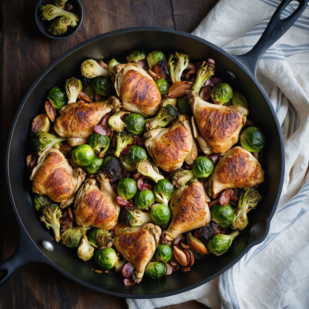 Golden chicken pieces with crispy bacon and caramelized brussels sprouts in a skillet