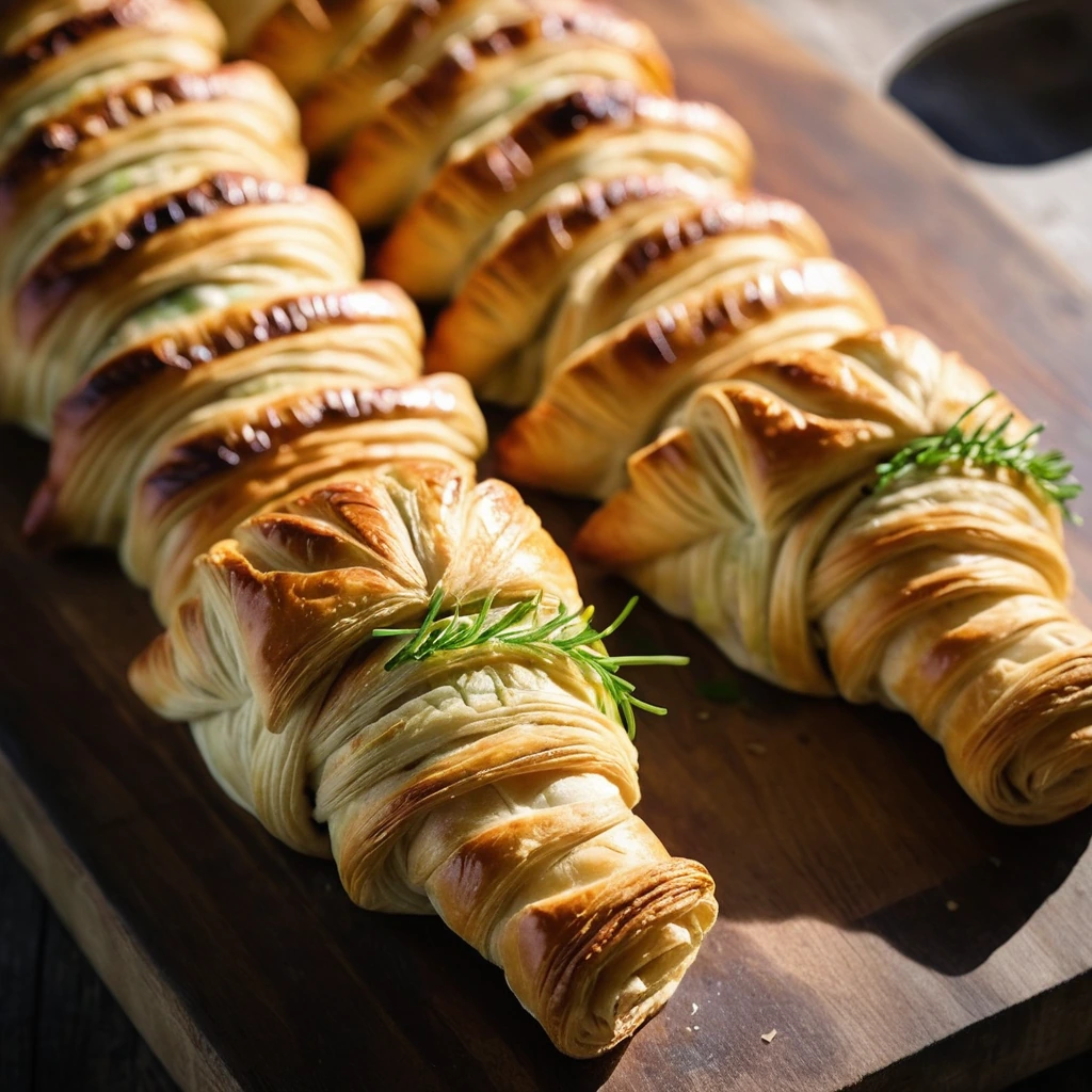 Golden brown puff pastry braids on a rustic wooden board, filled with chicken, bacon, and leeks.