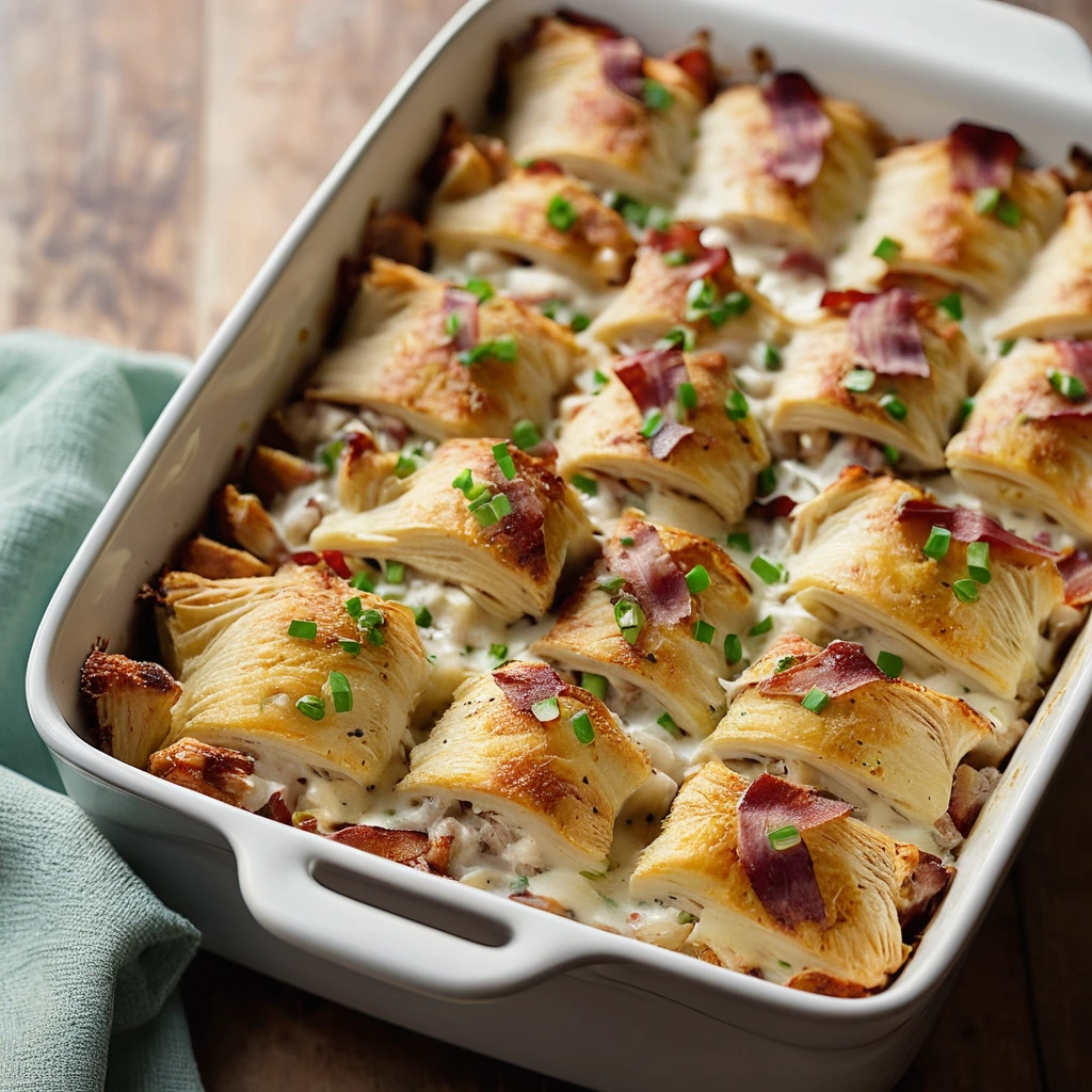 Baked casserole in a rectangular dish with layers of potato, chicken, and bacon, topped with melted cheese and green onions.