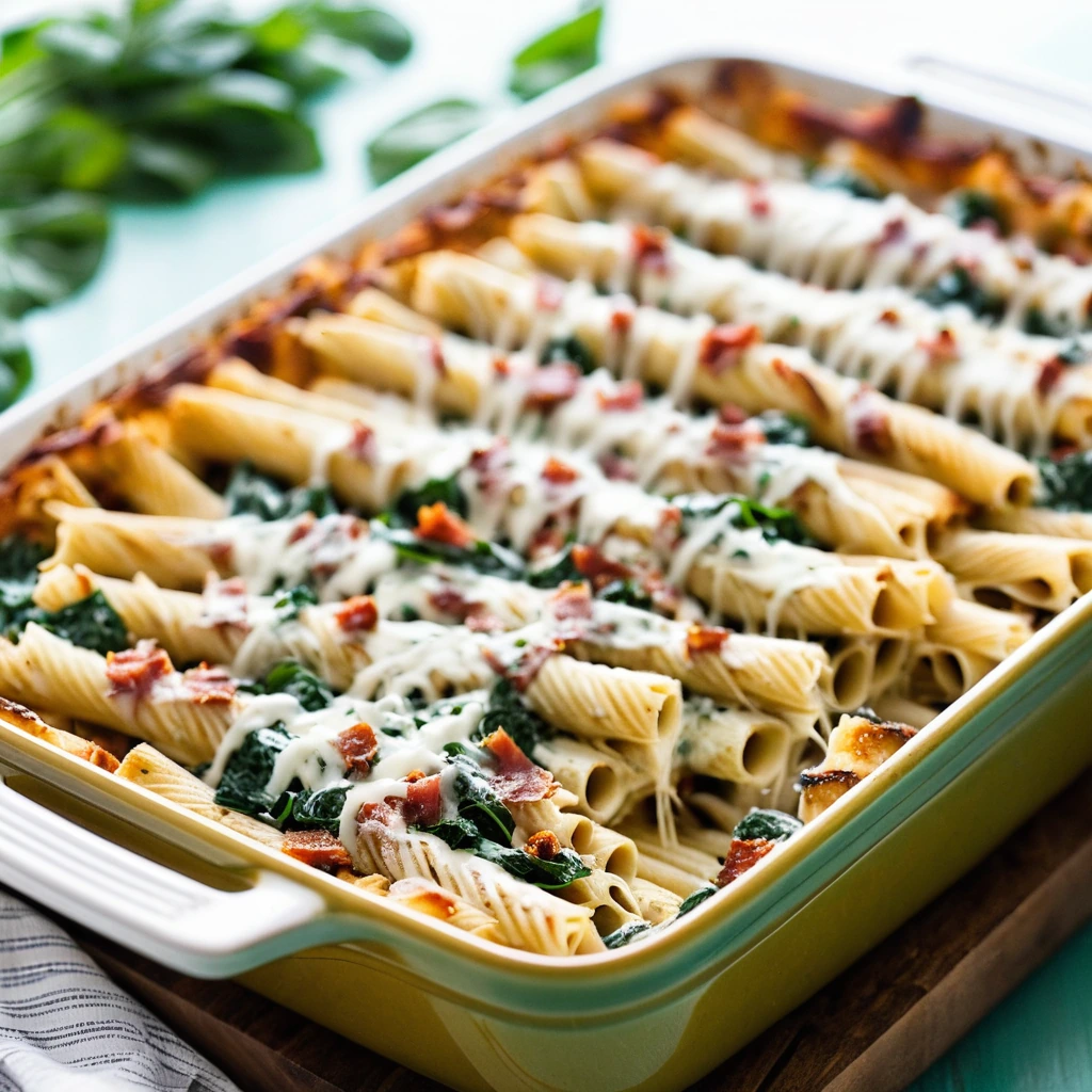 golden bubbly baked ziti in a rectangular dish, topped with melted cheese and fresh basil