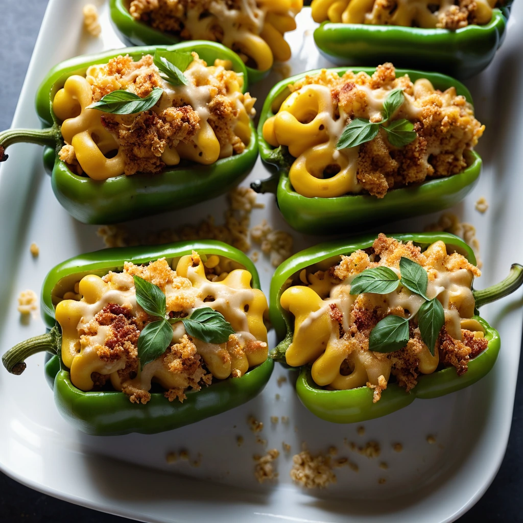 Six halved bell peppers stuffed with a creamy mac and cheese mixture, topped with melted cheddar and breadcrumbs, resting on a baking sheet.