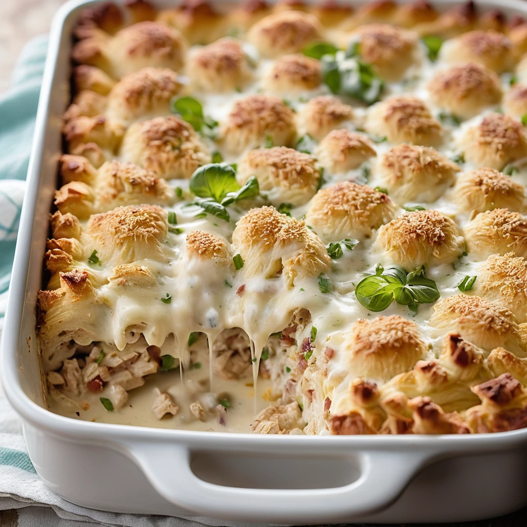 A bubbling casserole with layers of chicken, bacon, and melted cheese in a golden, crispy topping.