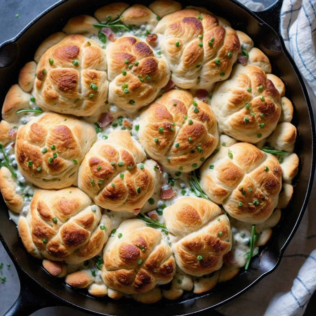 Golden biscuits bubbling with melted cheese and flecks of green chives in a cast iron skillet.