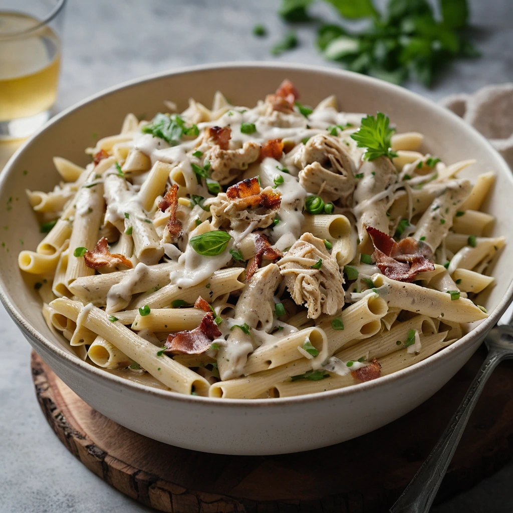 Creamy pasta in a ranch sauce topped with crispy bacon and shredded chicken served in a rustic bowl.