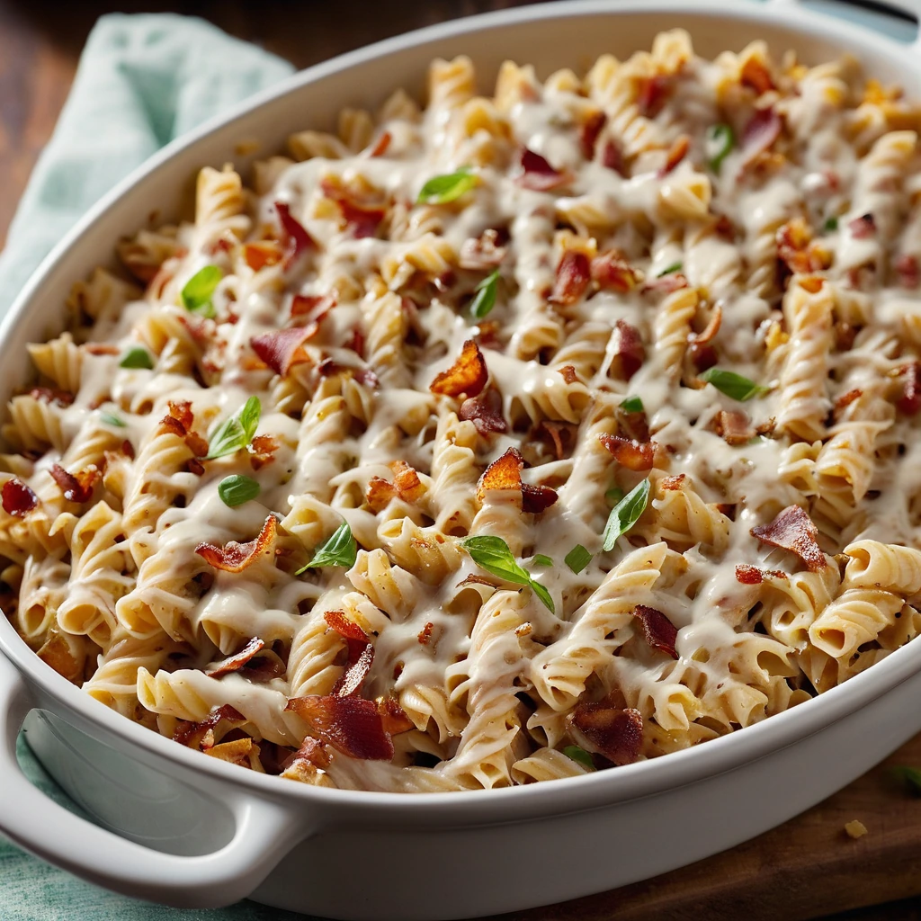 Baked pasta in a creamy sauce, topped with melted cheese and crispy bacon bits.