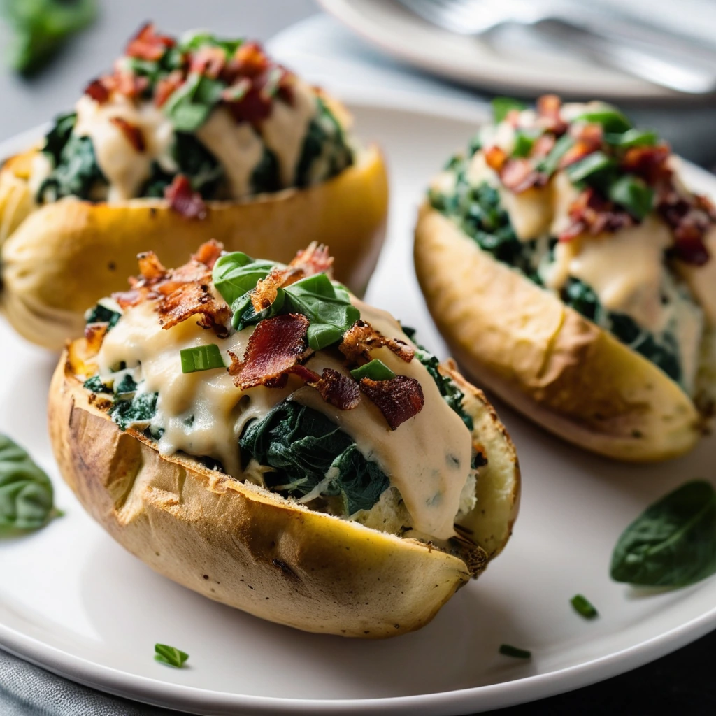 Four golden baked potatoes split open and overflowing with shredded chicken, crispy bacon, wilted spinach, and melted cheese.