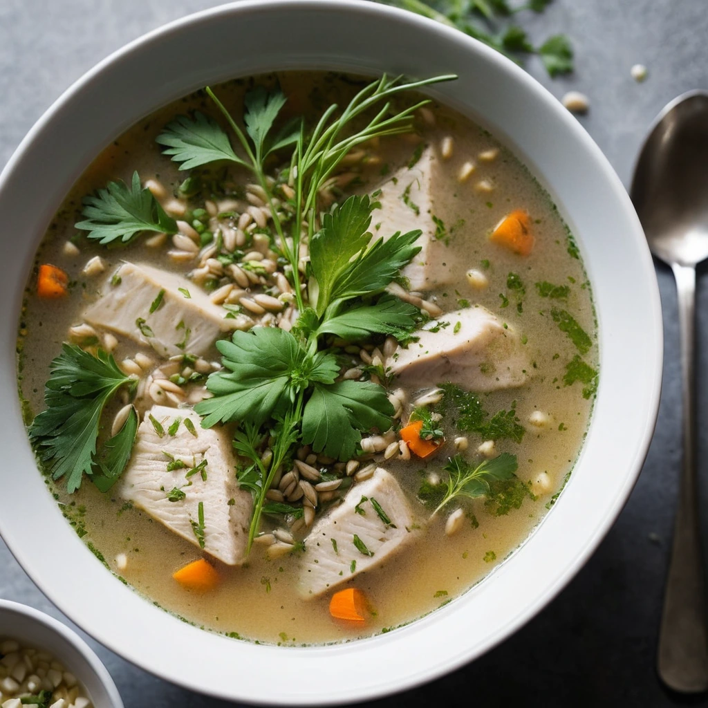 Steaming bowl of golden soup with chunks of chicken and green herbs scattered throughout.