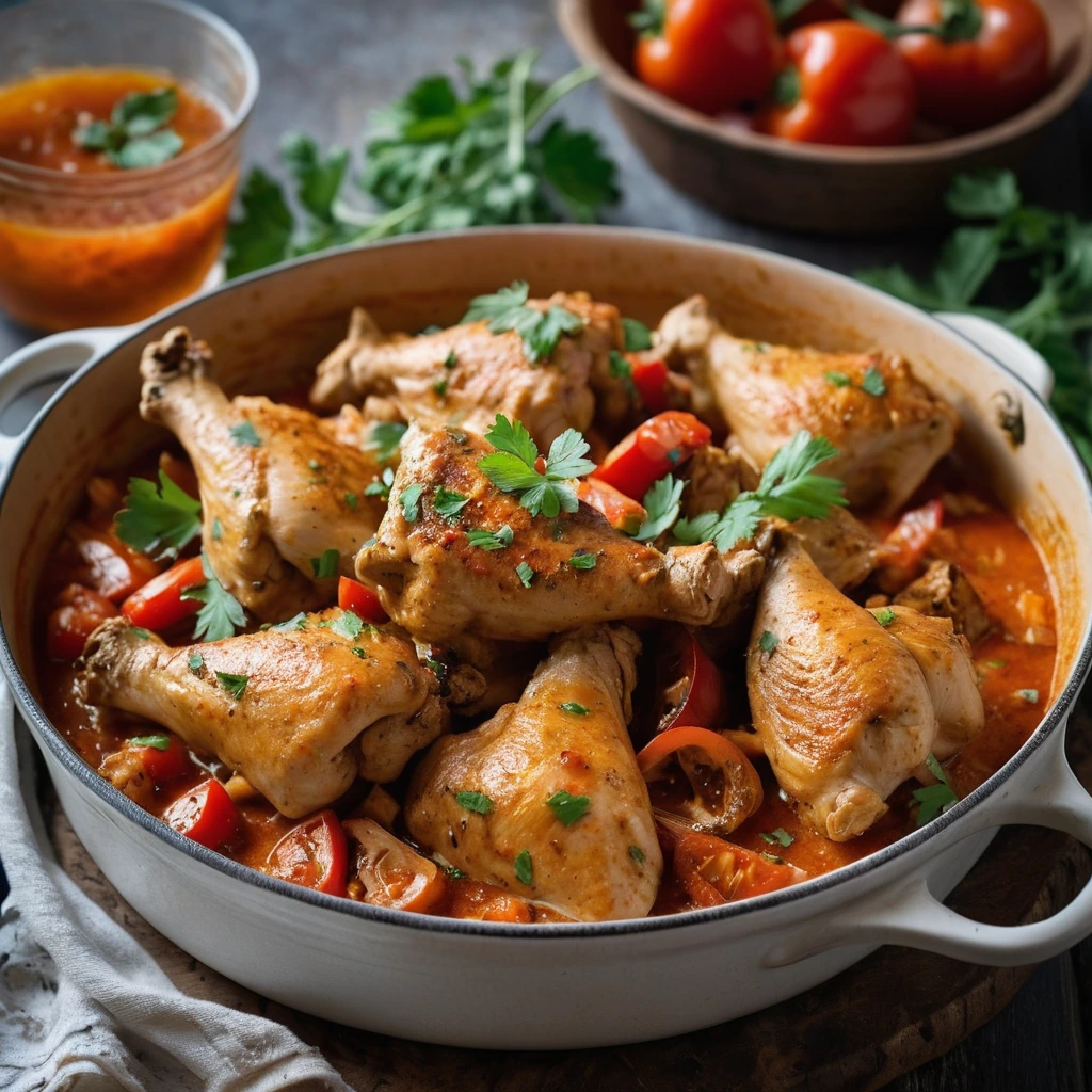 Golden chicken pieces nestled in a vibrant tomato and pepper sauce in a rustic serving dish