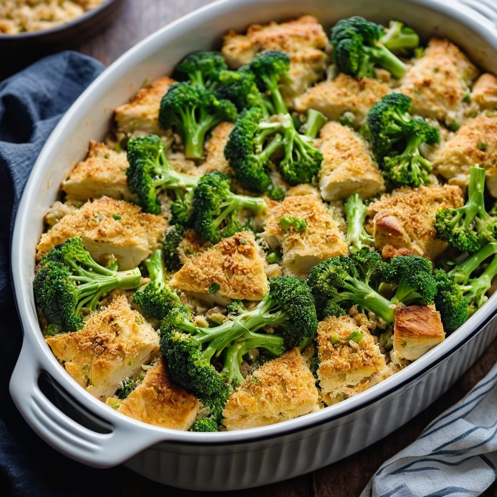 A bubbling casserole in a baking dish with golden-brown topping, green broccoli, and melted orange cheddar cheese.