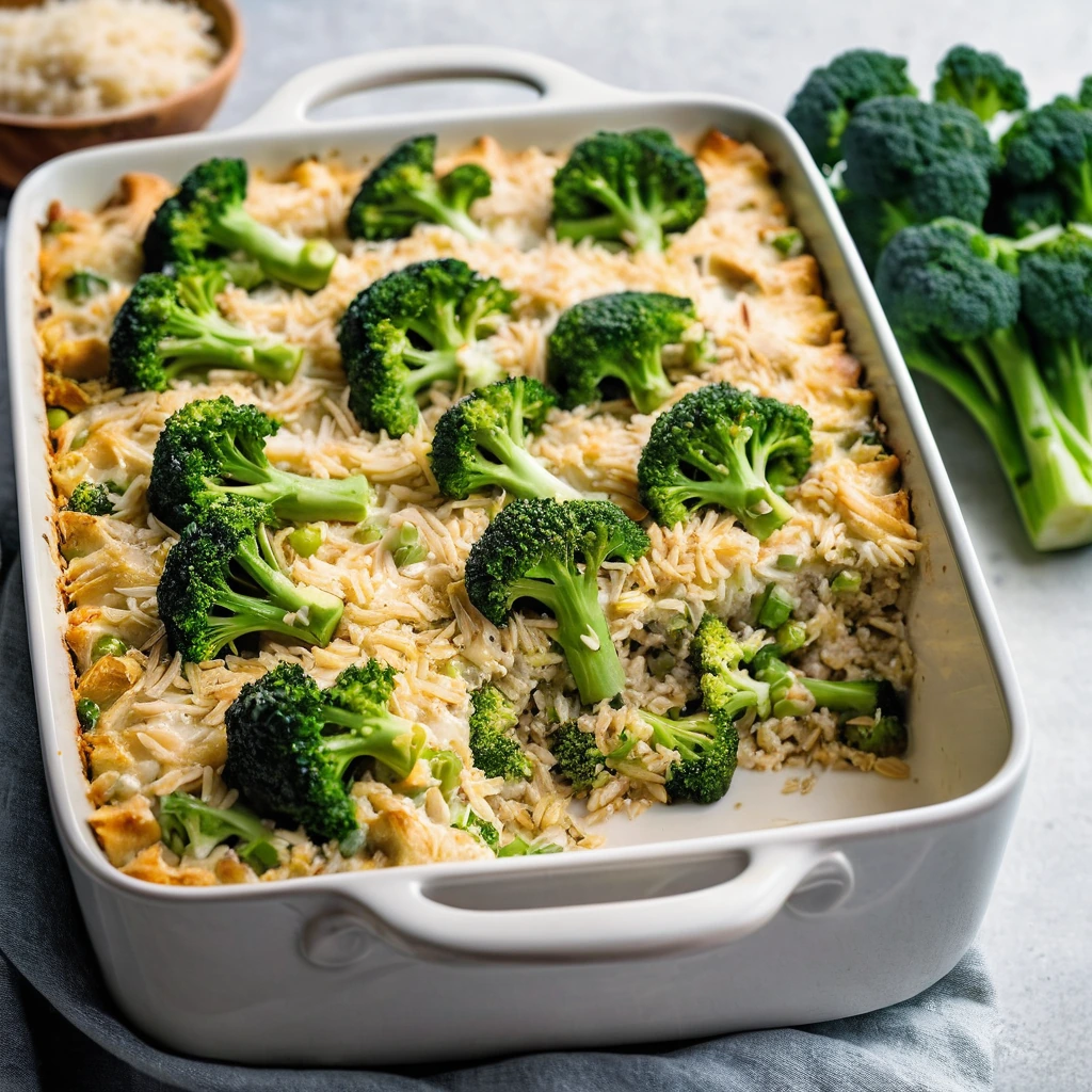 Golden casserole dish filled with chicken, broccoli, and rice topped with melted cheese