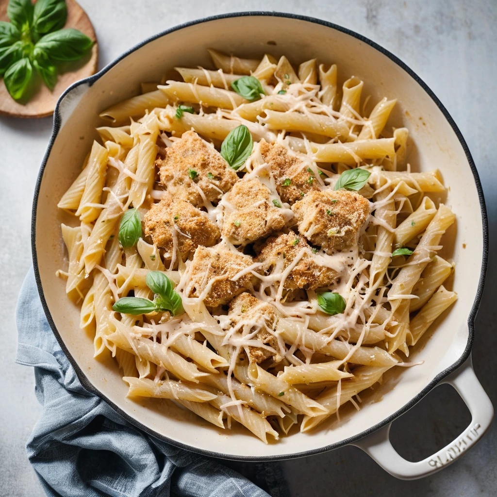 A skillet filled with golden pasta, creamy sauce, topped with melted cheese and diced chicken.