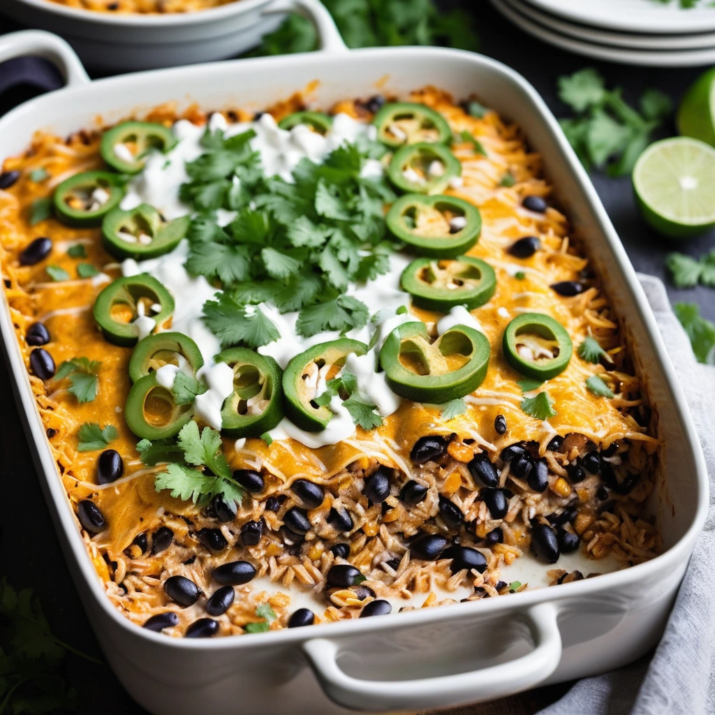 Baked casserole with layers of rice, chicken, black beans, and melted cheese in a golden-brown, bubbly top.