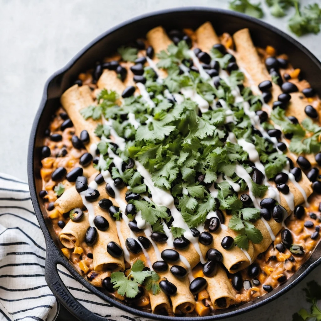 Colorful skillet with creamy enchilada sauce, tender chicken, and black beans topped with melted cheese and fresh cilantro.