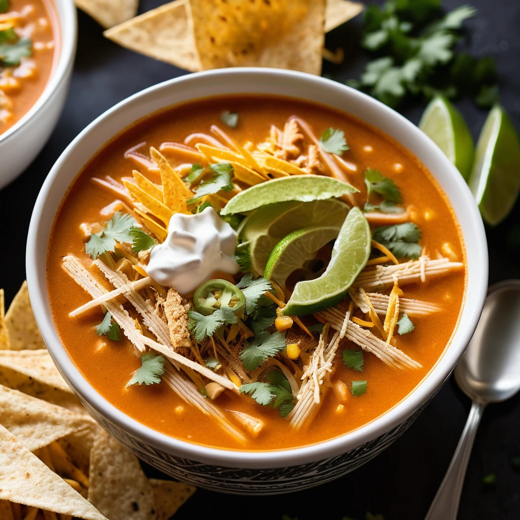 Bowl of vibrant orange and green soup with shredded chicken, topped with melted cheese and golden tortilla strips.