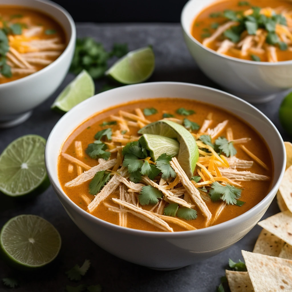 A steaming bowl of golden-orange soup with shredded chicken, topped with green onions and crispy golden tortilla strips.