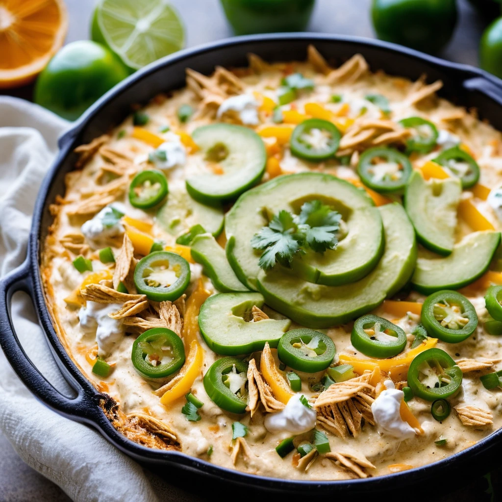golden skillet with melted orange cheese, green peppers, onions, and shredded chicken
