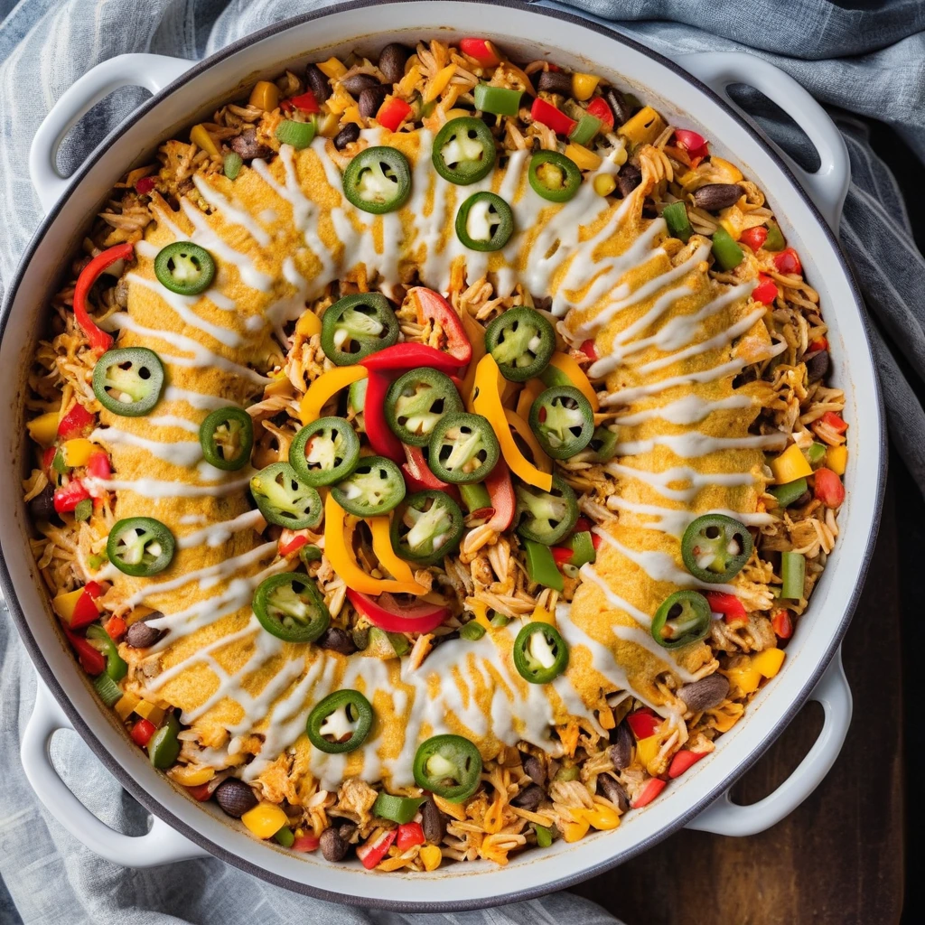 Baked dish with layers of rice, chicken, cheddar cheese, and colorful bell peppers bubbling in a cast-iron skillet.