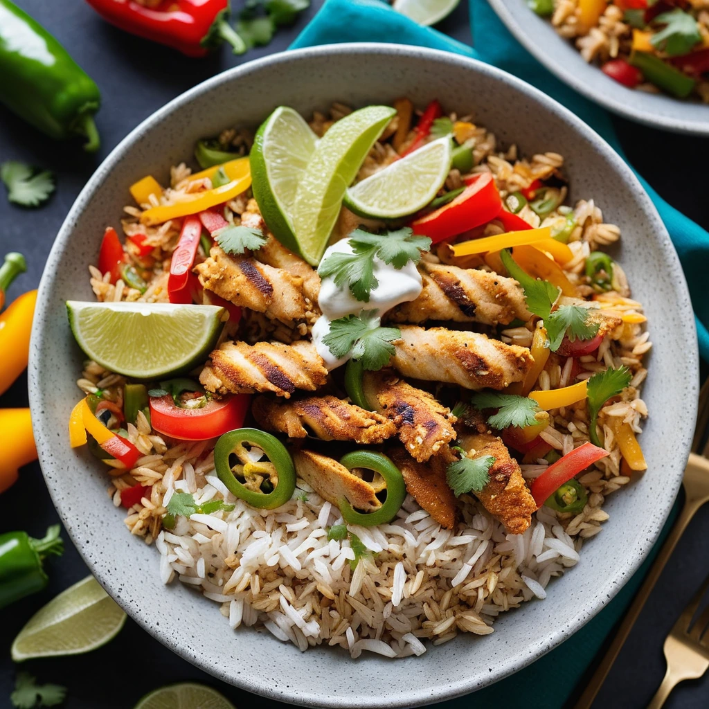 Skillet with golden-brown rice, chicken strips, and colorful bell peppers, garnished with fresh cilantro.