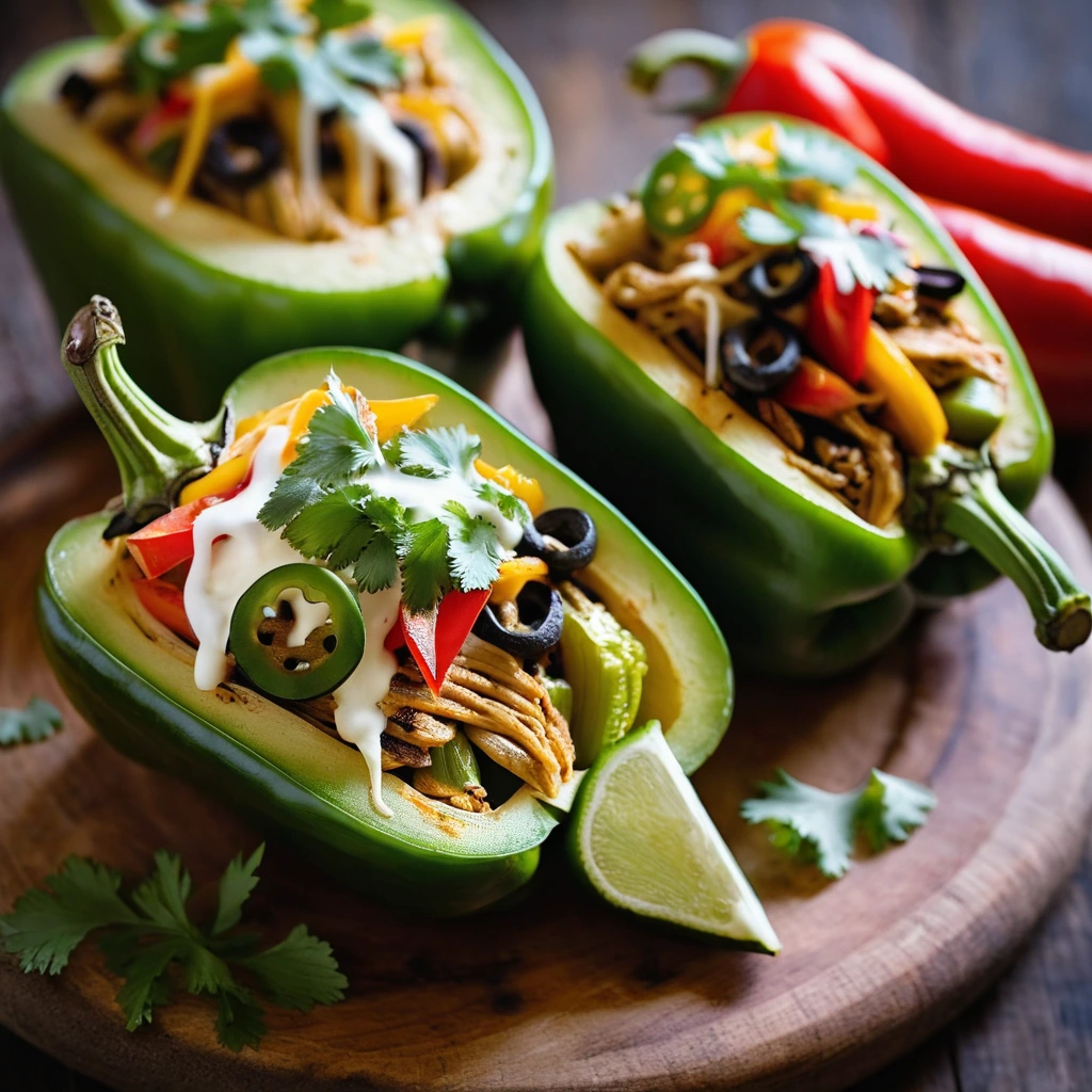 Four roasted bell peppers stuffed with chicken and vegetables, topped with melted cheese, arranged on a rustic wooden board.