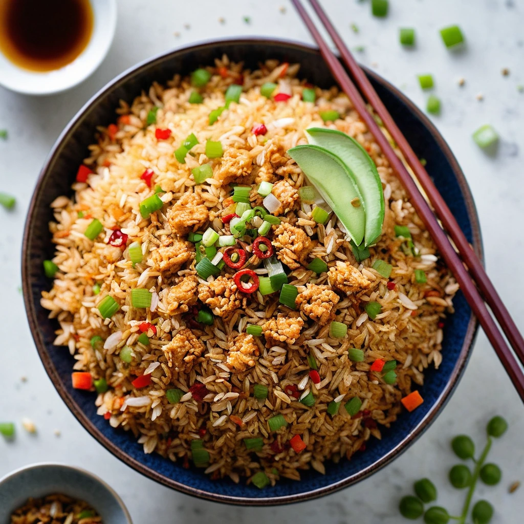 Golden fried rice with chunks of chicken in a bowl, topped with a sprinkle of green onions and red chili flakes