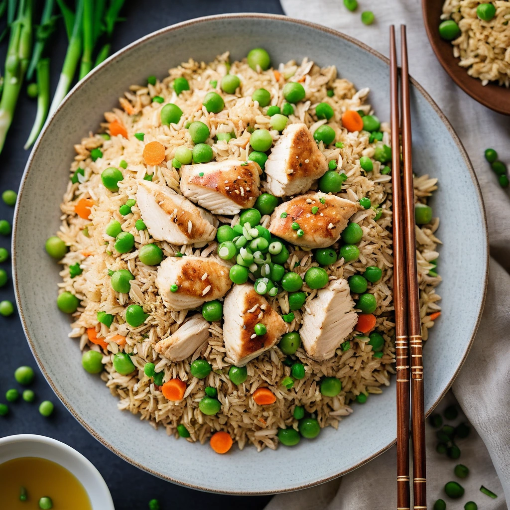 Golden fried rice with tender chicken pieces, vibrant green peas, and carrots in a large bowl, garnished with chopped scallions.
