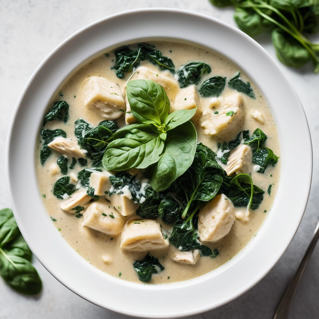 Bowl of creamy golden soup with green spinach leaves and white gnocchi, topped with shredded chicken.