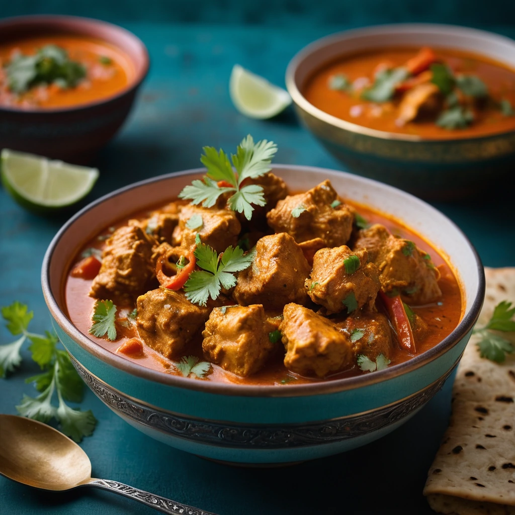 Chicken pieces in a vibrant orange and red sauce served in a shallow bowl with cilantro garnish.