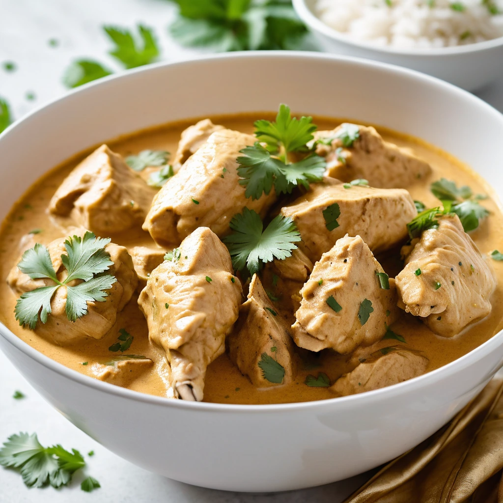 Golden chicken pieces in a rich, creamy orange sauce, garnished with fresh cilantro in a white bowl.