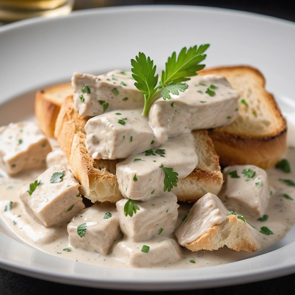 Golden chicken chunks in a creamy white sauce, nestled over buttered toast, garnished with parsley.