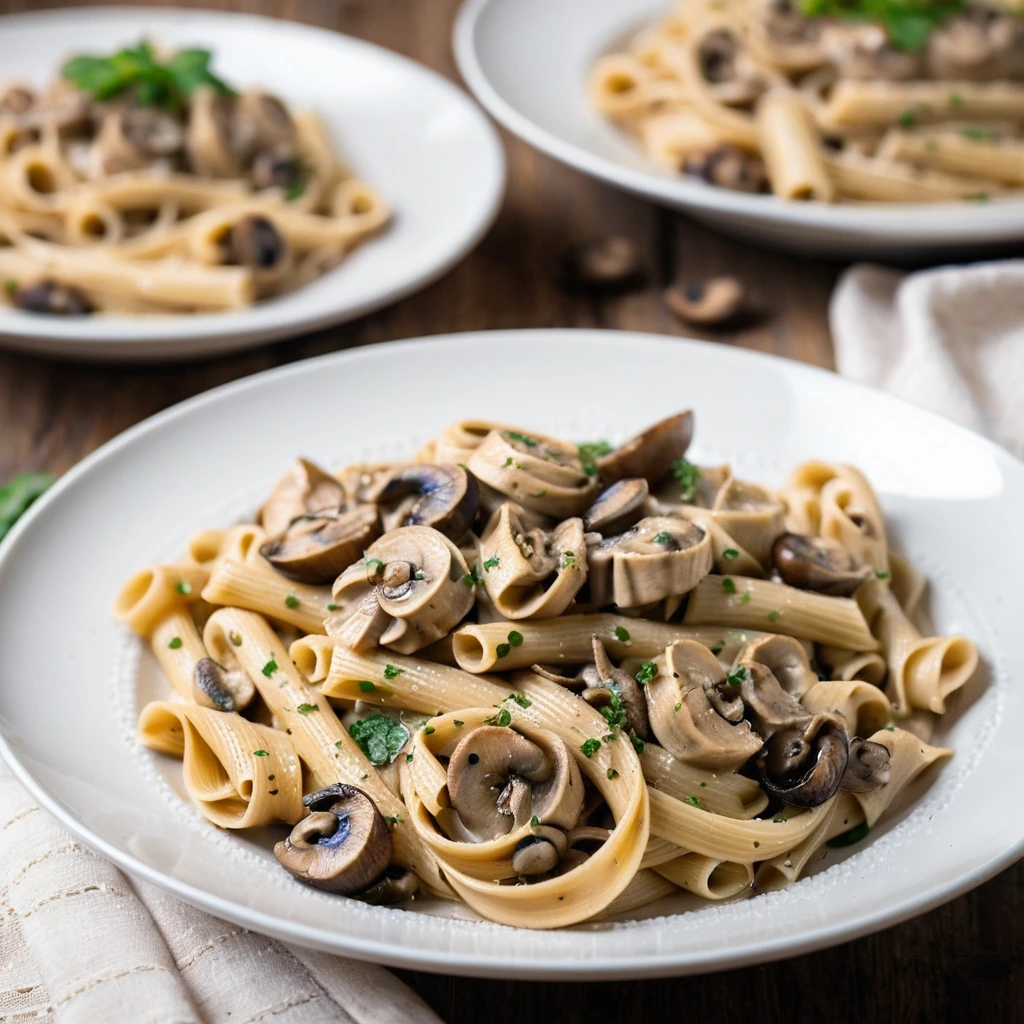 Golden chicken pieces over twirls of fettuccine in a creamy mushroom sauce, garnished with fresh parsley.
