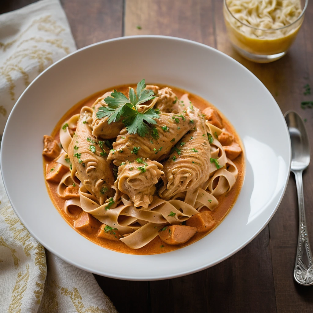 Creamy paprika chicken with golden egg noodles in a white bowl, garnished with parsley.