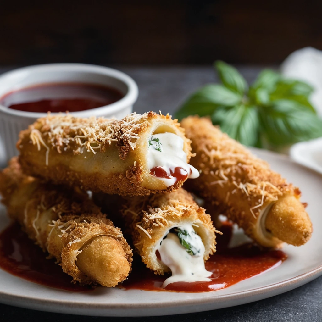 Golden brown mozzarella sticks with a crispy coating, filled with melted cheese and chicken, drizzled with marinara sauce.